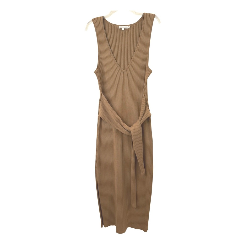 Good American Size 5 Ribbed Sleeveless Knit V-Neck Midi Dress Taupe Brown